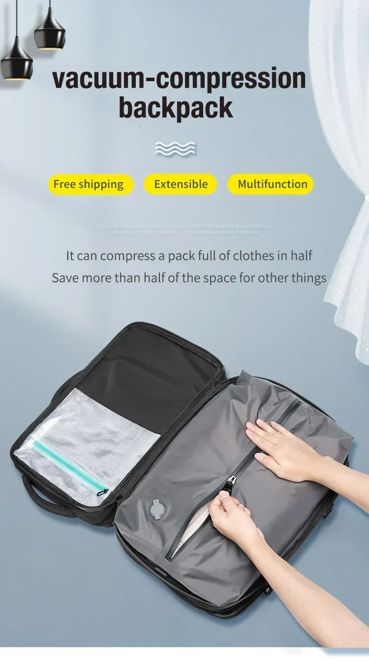 यात्रा पुरुष विस्तारित ल्यापटप ब्याकप्याक भ्याकुम कम्प्रेसन हाइकिङ ब्याकप्याक USB चार्जिङ व्यवसाय पम्पहरूको लागि ठूलो क्षमताको ब्याकप्याक