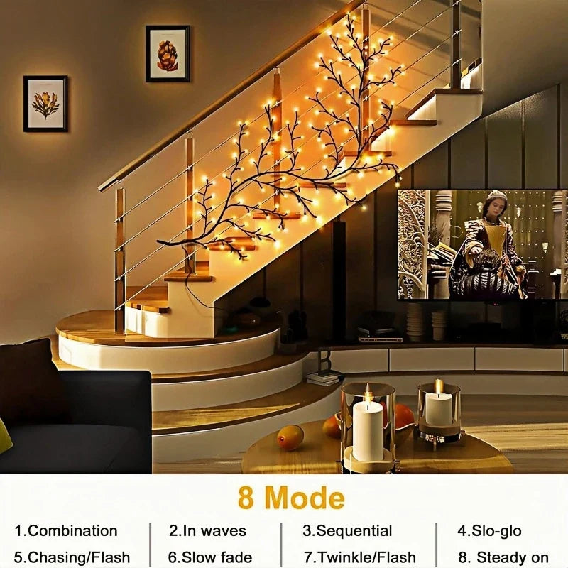 ७२/९६ एलईडी बत्तीहरू, ८ मोड रिमोट कन्ट्रोल USB संचालित बेन्डेबल विलो भाइन लाइट, भित्ता घर सजावटको लागि भित्री बाहिरी रात्रि बत्तीहरू