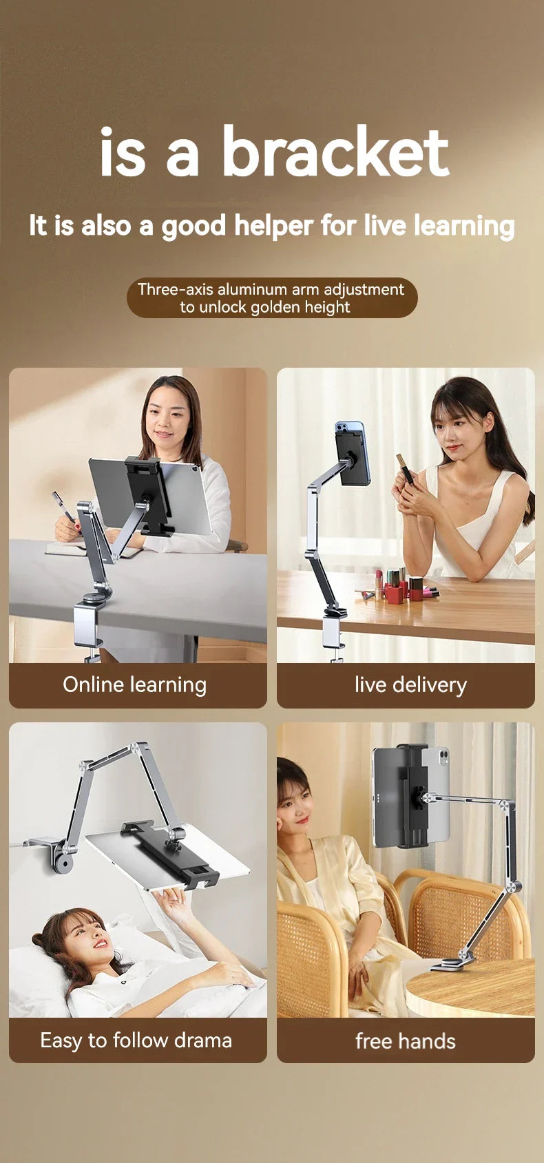 ट्याब्लेट होल्डर स्ट्यान्ड फोन क्लिप होल्डर एल्युमिनियम मिश्र धातु घुमाउन मिल्ने क्यान्टिलिभर होम लाइभ डेस्कटप होल्डर आईप्याड प्रो फोल्डिङ ब्र्याकेटको लागि