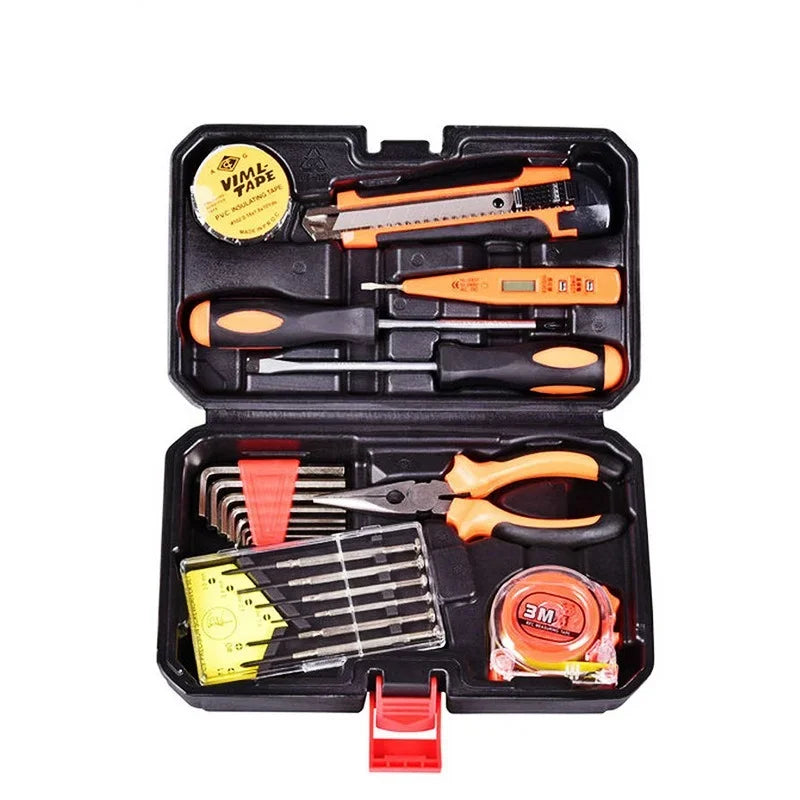 ९-टुक्रा घरायसी र कार हार्डवेयर उपकरण बक्स सेट सानो बहु-कार्यात्मक संयोजन उपकरण मर्मत हात उपकरण सेट