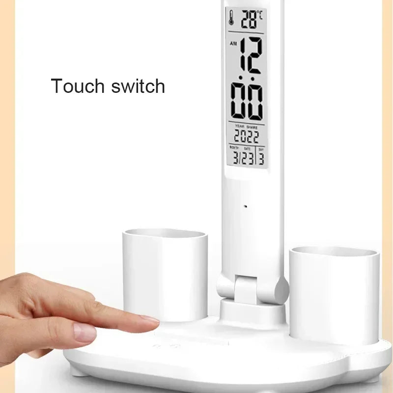अध्ययन पठन बत्तीको लागि क्यालेन्डर तापक्रम घडी रात्रि बत्ती सहितको एलईडी डेस्क ल्याम्प USB डिम्मेबल टच फोल्डेबल टेबल ल्याम्प