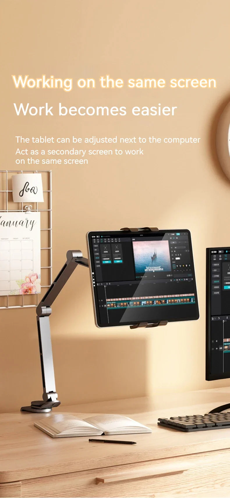 ट्याब्लेट होल्डर स्ट्यान्ड फोन क्लिप होल्डर एल्युमिनियम मिश्र धातु घुमाउन मिल्ने क्यान्टिलिभर होम लाइभ डेस्कटप होल्डर आईप्याड प्रो फोल्डिङ ब्र्याकेटको लागि