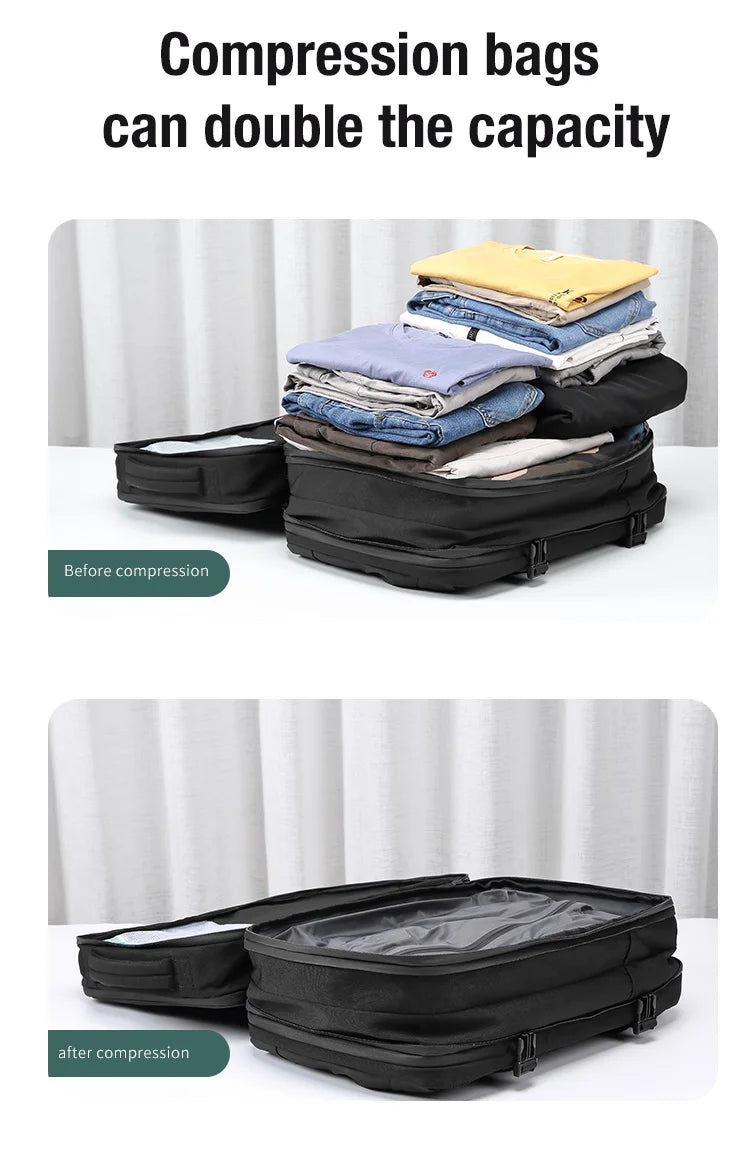 यात्रा पुरुष विस्तारित ल्यापटप ब्याकप्याक भ्याकुम कम्प्रेसन हाइकिङ ब्याकप्याक USB चार्जिङ व्यवसाय पम्पहरूको लागि ठूलो क्षमताको ब्याकप्याक