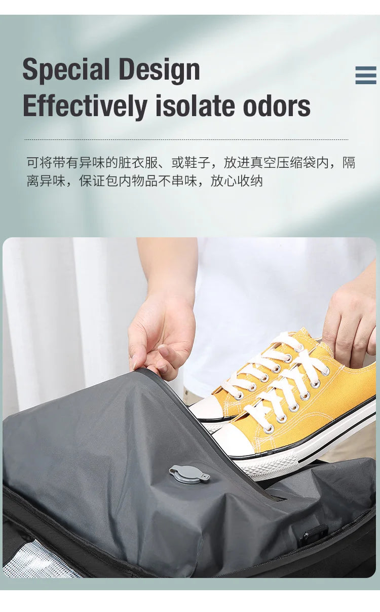 यात्रा पुरुष विस्तारित ल्यापटप ब्याकप्याक भ्याकुम कम्प्रेसन हाइकिङ ब्याकप्याक USB चार्जिङ व्यवसाय पम्पहरूको लागि ठूलो क्षमताको ब्याकप्याक