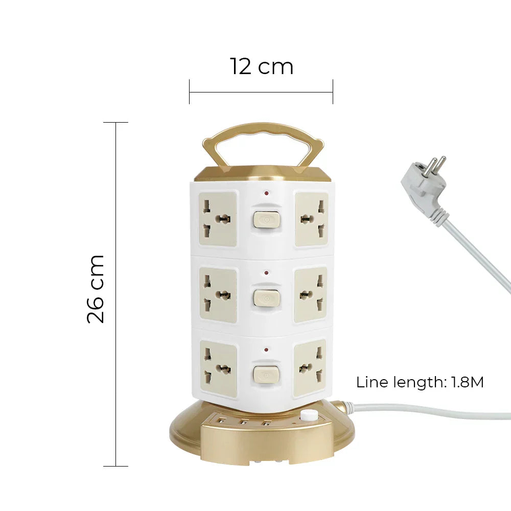 ओभरलोड प्रोटेक्टर २५००W टावर मल्टी पावर स्ट्रिप EU US UK AU युनिभर्सल सकेट EU प्लग ३ USB ठाडो १२ वे आउटलेटहरू सहित